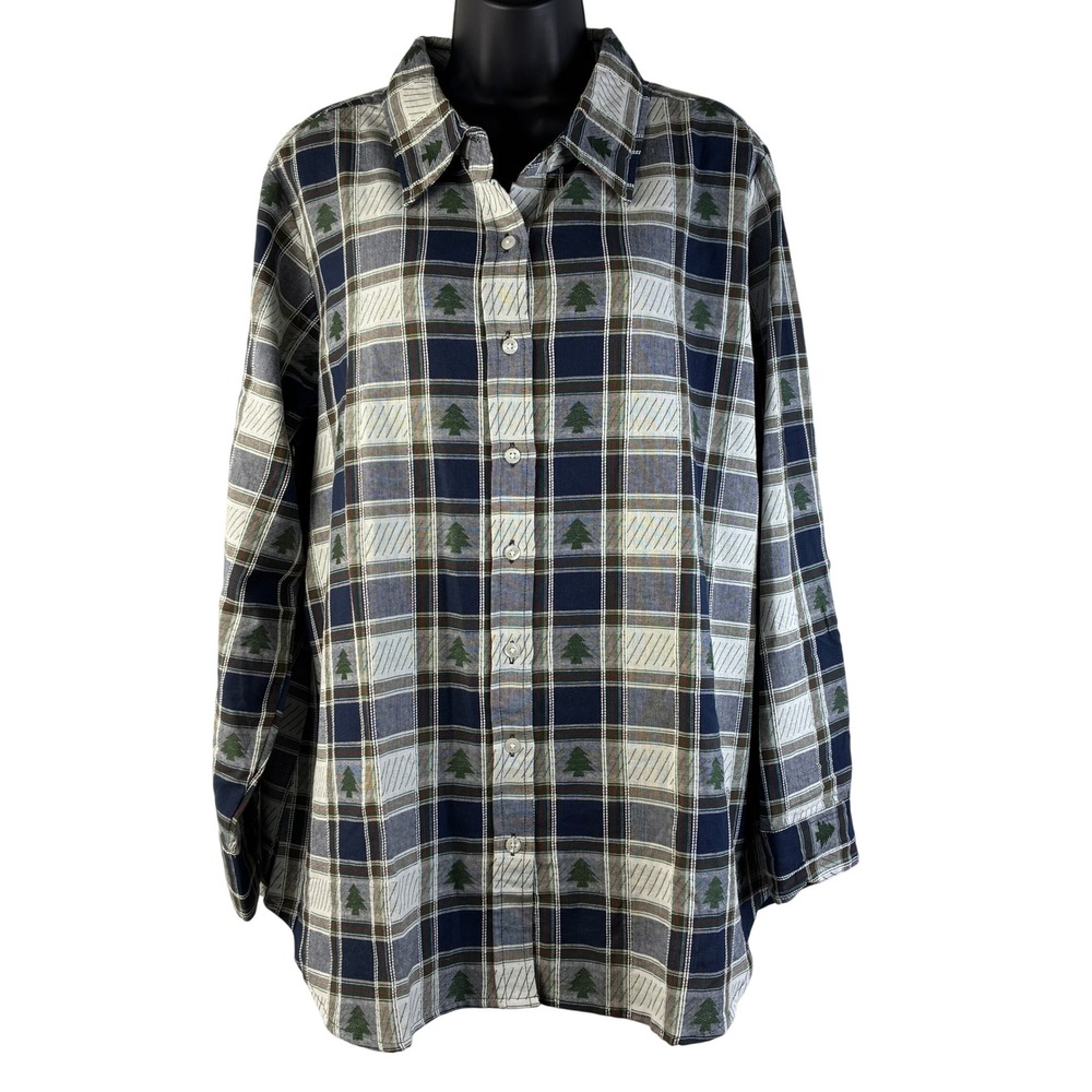 Collections Etc Women's XL‎ Plaid Pine Tree Button Down Shirt Blue Green Cotton